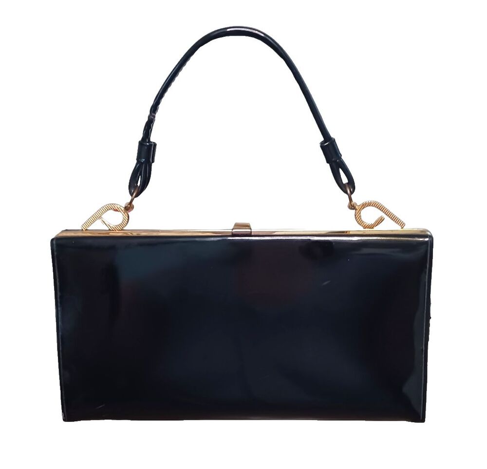 Vintage 1950s Black Patent Leather Top Handle Handbag Kiss Lock Purse Gold Swirl